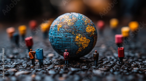 A varied group of individuals carrying shopping containers, arranged in a circle surrounding the planet.