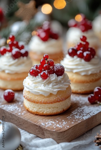 Wallpaper Mural Delightful Holiday Dessert: Mini Cakes with Whipped Cream and Red Berries, Perfect for Celebrations, Gatherings, and Festive Occasions, Captured in a Cozy Setting Torontodigital.ca