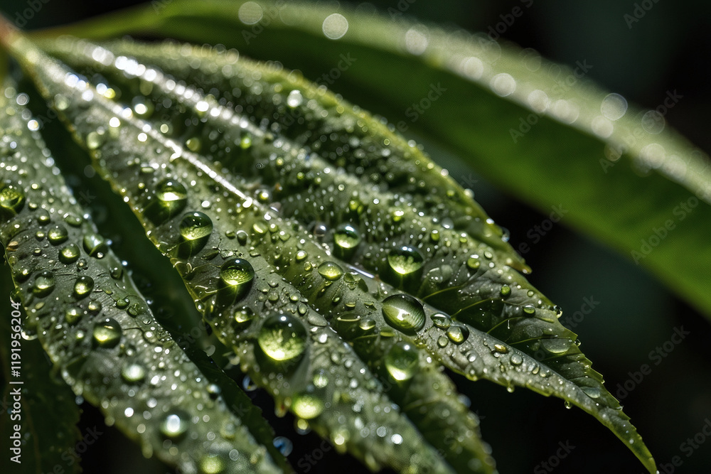 Close-up view of vibrant green leaves covered with dew droplets in a natural setting during early morning hours Close-up view of vibrant green leaves covered with dew droplets in a natural setting during early morning hours