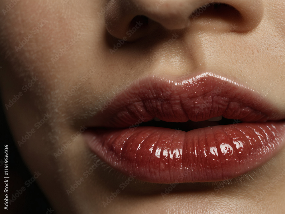 Close-up of glossy lips showcasing a rich, warm hue with smooth texture and natural contours, emphasizing beauty and allure in a subtle way