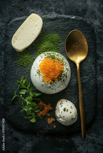 Elegant Culinary Presentation of Fresh Burrata Cheese with Fish Roe and Microgreens on Dark Slate Serving Board