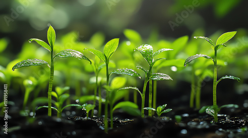 A glowing forest where active transpiration nurtures growth, young plants thriving with vibrant green leaves and rising moisture photo