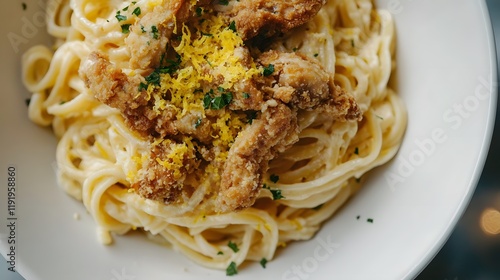 Creamy Lemon Pasta with Crispy Chicken Topping photo