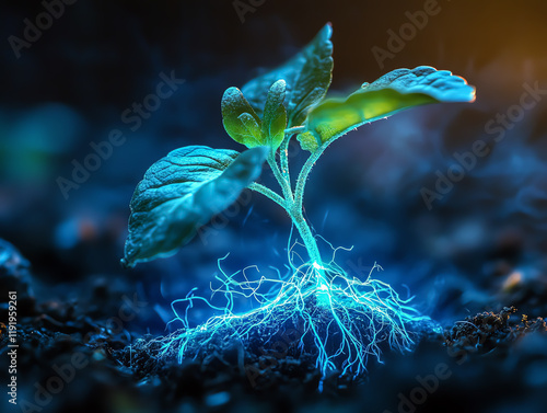 A glowing macro shot of a young plant showing water-driven growth, dynamic connections between roots, stems, and leaves photo