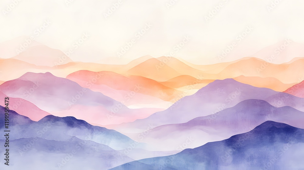 Serene Watercolor Mountainscape Soft Hues and Gentle Slopes Serene Watercolor Mountainscape Soft Hues and Gentle Slopes