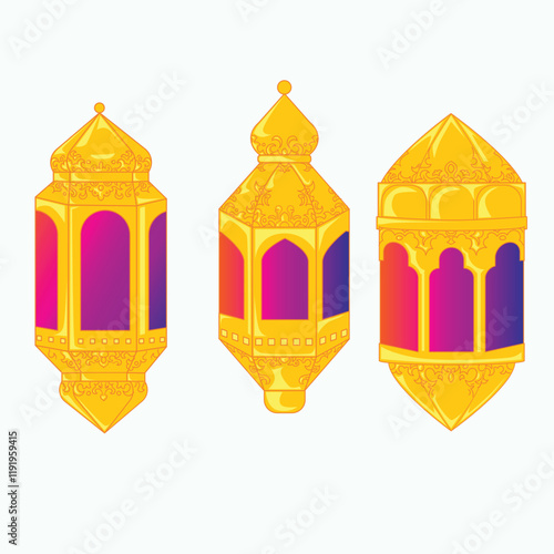 Set of three glowing golden lanterns with ornate carvings, symbolizing Ramadan warmth and elegance.
