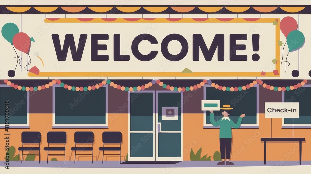 Fototapeta premium Festive Welcome Building Entrance Greets Guests Cheerfully