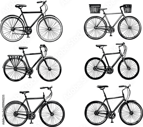 Bicycle Vector Illustration - Six Black Bikes Isolated