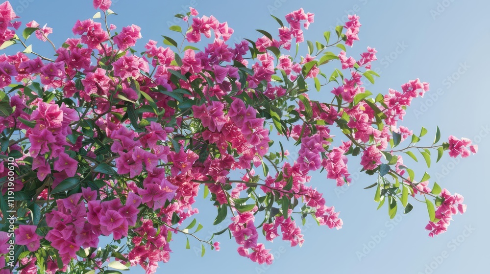 A vibrant display of pink flowers against a clear blue sky. A vibrant display of pink flowers against a clear blue sky.
