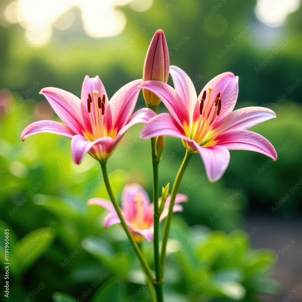 Fototapeta premium Beautiful pink lily flower blooms in a serene garden, nature, renewal