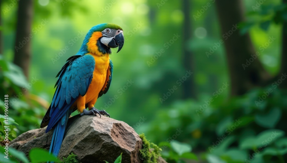 Blue and yellow beaked parrot sitting on a rock in the forest, surrounded by lush foliage, forest creatures, blue and yellow beak Blue and yellow beaked parrot sitting on a rock in the forest, surrounded by lush foliage, forest creatures, blue and yellow beak