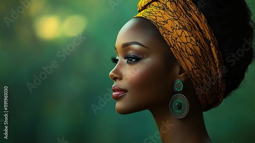 A serene portrait of an African woman with warm earthy tones, ideal for Black History Month promotions, cultural events, and beauty campaigns celebrating heritage.