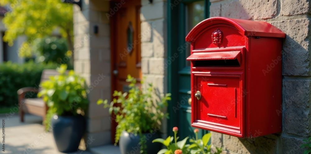 Brightly painted red letterbox nestled beside a house entrance, doorway, mail slot Brightly painted red letterbox nestled beside a house entrance, doorway, mail slot