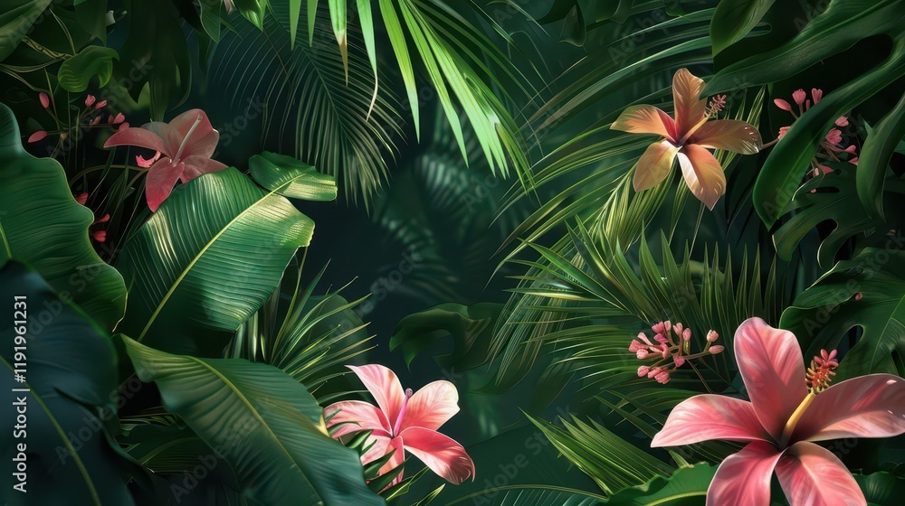 A lush tropical scene filled with vibrant leaves and flowers, creating a serene atmosphere. A lush tropical scene filled with vibrant leaves and flowers, creating a serene atmosphere.