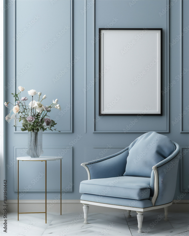 Fototapeta premium Living room interior with couch and blank photo frame on the wall, version 126