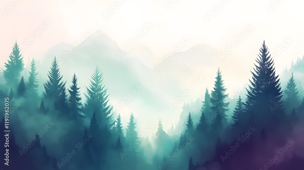 Obraz premium Misty Mountain Forest Scene With Silhouetted Trees