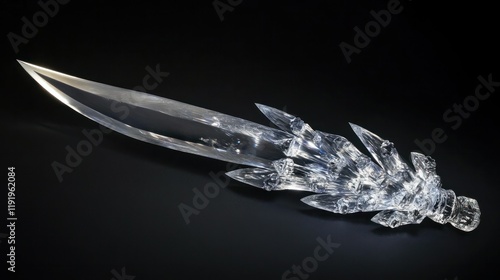 Luminous crystal keris dagger with intricate 7 curved blades, radiating silver light at its glowing edges, set against black. photo