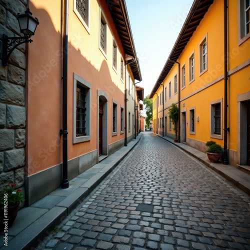 Cobblestone pathway in a historical setting with old paving stones and a worn, natural perspective background, worn, earthy photo