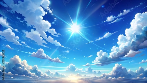 Blue sky in daytime with sun and clouds, anime style background