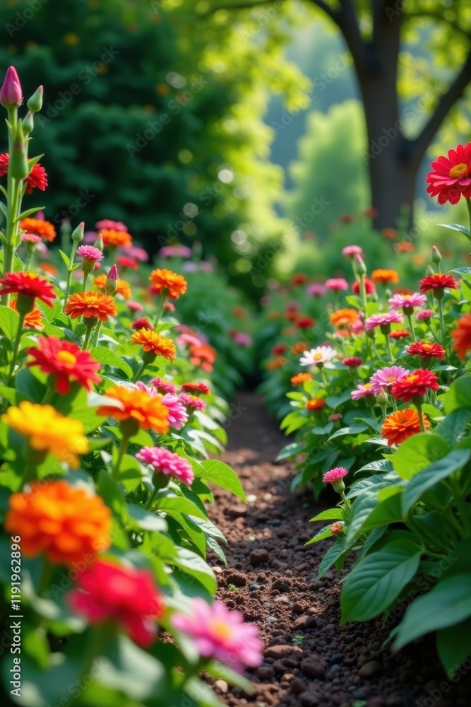 Fototapeta premium Colorful garden with flowers and vegetables in full bloom, colorful, garden scene