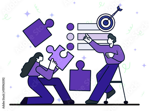 Woman bring puzzle to talk with man about business strategy. Man show goal points as targets. Business planning concept. Cartoon flat vector illustration. 