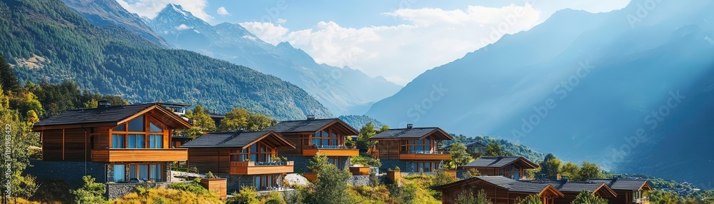 Mountain-side village with energy-efficient chalets, eco-conscious tourism, and sustainable real estate Mountain-side village with energy-efficient chalets, eco-conscious tourism, and sustainable real estate