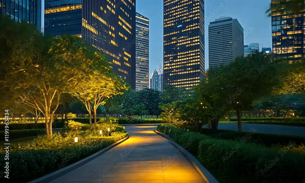 A serene urban park pathway illuminated by warm lights, surrounded by lush greenery and towering skyscrapers, creating a peaceful escape in the heart of the city. A serene urban park pathway illuminated by warm lights, surrounded by lush greenery and towering skyscrapers, creating a peaceful escape in the heart of the city.