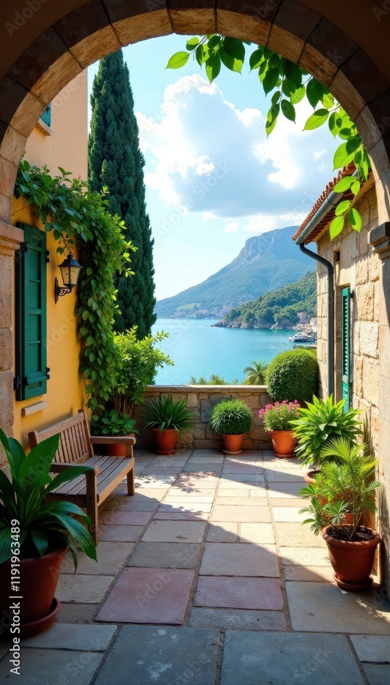 Naklejka premium Countryside Italian courtyard with Mediterranean sea view, stone floor , flowers