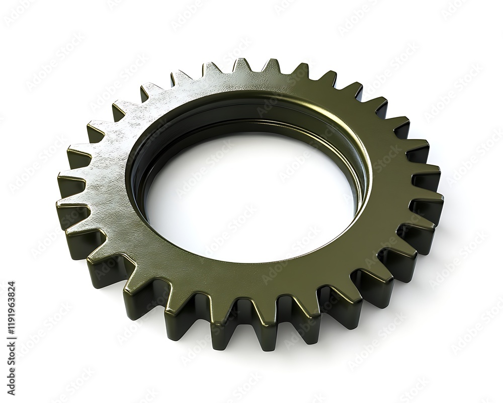 A dark olive-green mechanical gear with textured surfaces, isolated on white A dark olive-green mechanical gear with textured surfaces, isolated on white