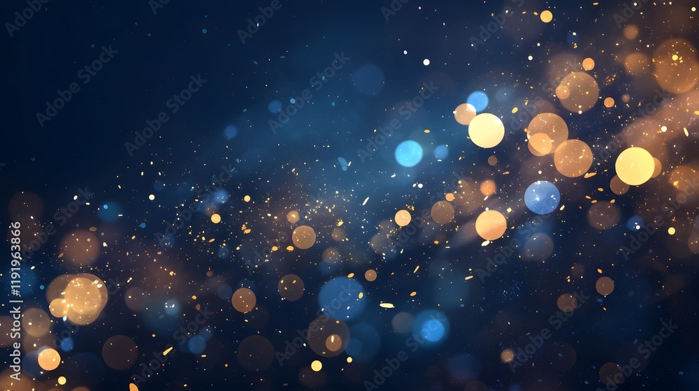 Obraz premium Elegant and festive glitter lights background in blue, gold, and black with a blurred bokeh effect.