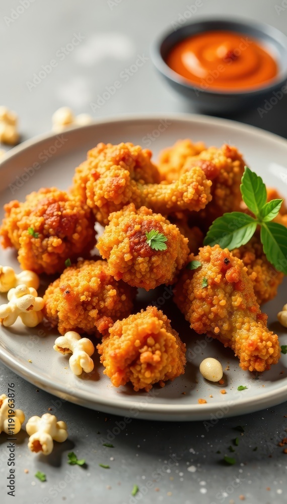 Crunchy chicken pieces scattered on a plate, surrounded by popcorn kernels and served with a side of peri peri sauce, popcorn, snack Crunchy chicken pieces scattered on a plate, surrounded by popcorn kernels and served with a side of peri peri sauce, popcorn, snack