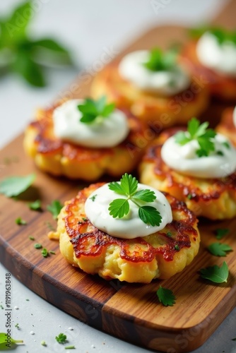 Crispy potato pancakes topped with yogurt sauce and fresh herbs on a wooden board , golden brown, herbs photo