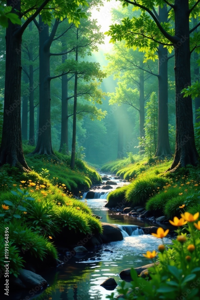 Obraz premium Dense forest with a meandering stream, surrounded by tall trees and vibrant greenery, water, trees