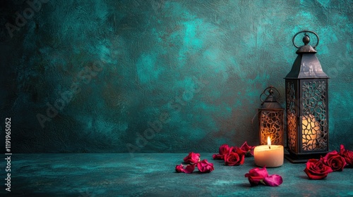 Romantic Teal Background with Candles and Roses