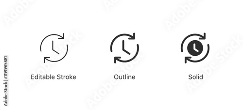 clockwise icon set. Time clock with arrow circle, refresh time line icon. editable stroke outline style for app user interface and web elements
