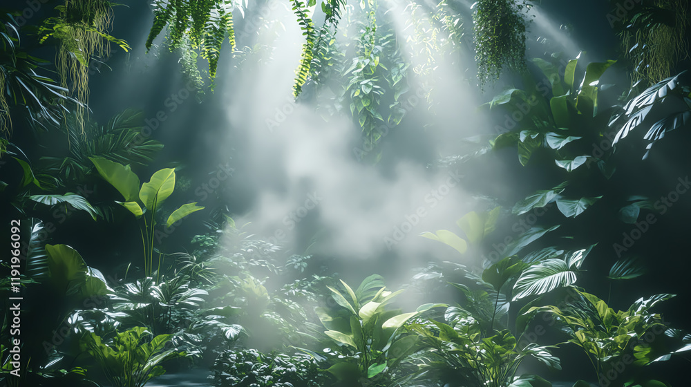 Obraz premium A lush ecosystem where plants release glowing moisture into the atmosphere, creating balance and enriching the air, dynamic mist rising