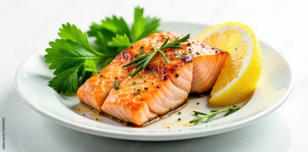 Golden salmon fillet with fresh herbs and lemon on a plate, set against a clean white background, salmonfillet, kitchen Golden salmon fillet with fresh herbs and lemon on a plate, set against a clean white background, salmonfillet, kitchen