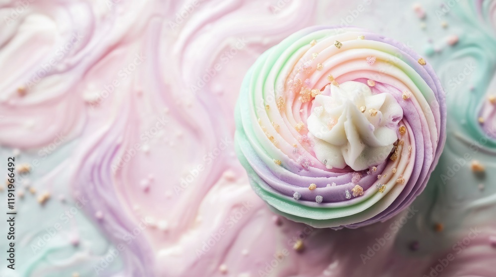 Pastel rainbow cupcake with delicate swirls of light lavender, mint green, and pale pink, set against a clean, soft background. Pastel rainbow cupcake with delicate swirls of light lavender, mint green, and pale pink, set against a clean, soft background.