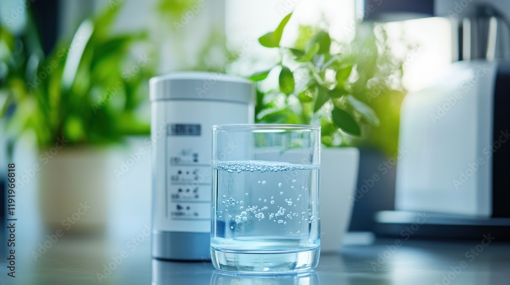 Refreshing Sparkling Water Glass, Plants and Modern Kitchen Appliance