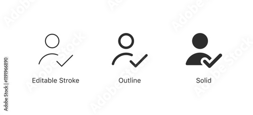 check user icon , vector protect personal data icon , privacy safety check mark icon , accept person with yes tick symbol, checked user profile account approved icon - . editable stroke outline style