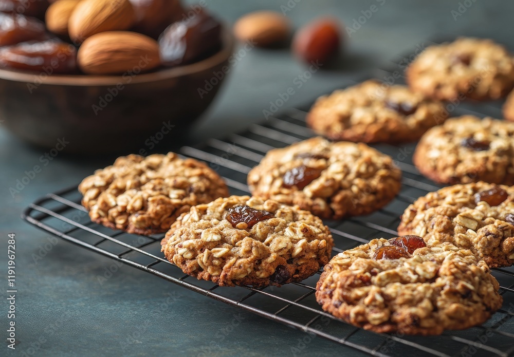 Freshly Baked Oatmeal Cookies with Raisins Ready to Enjoy on a Cooling Rack Surrounded by Nuts and Dried Fruits in a Cozy Kitchen Setting Freshly Baked Oatmeal Cookies with Raisins Ready to Enjoy on a Cooling Rack Surrounded by Nuts and Dried Fruits in a Cozy Kitchen Setting