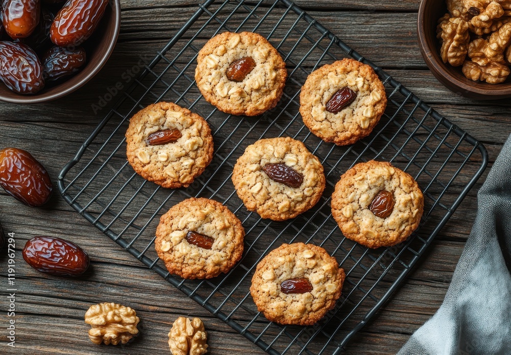 Freshly Baked Oatmeal Cookies with Dates and Walnuts on a Cooling Rack Surrounded by Delicious Dates and Broken Walnuts on a Rustic Wooden Background Freshly Baked Oatmeal Cookies with Dates and Walnuts on a Cooling Rack Surrounded by Delicious Dates and Broken Walnuts on a Rustic Wooden Background