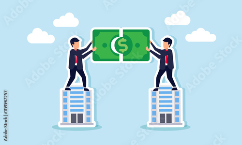 Two businessmen standing on a company building, working together to complete a dollar puzzle, illustration of a joint venture company collaborating to enhance business revenue