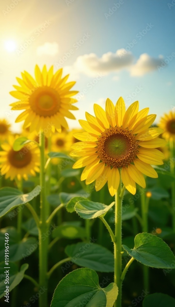 Warm sunlight casts a golden glow on tall sunflowers in a lush green field on a summer day , warm, golden Warm sunlight casts a golden glow on tall sunflowers in a lush green field on a summer day , warm, golden