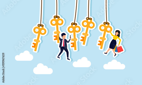 Several keys hanging from a string with a businessman hold a phone and grip a key, and a businesswoman hold a shop bag and grip a key, illustration of dependence on solutions