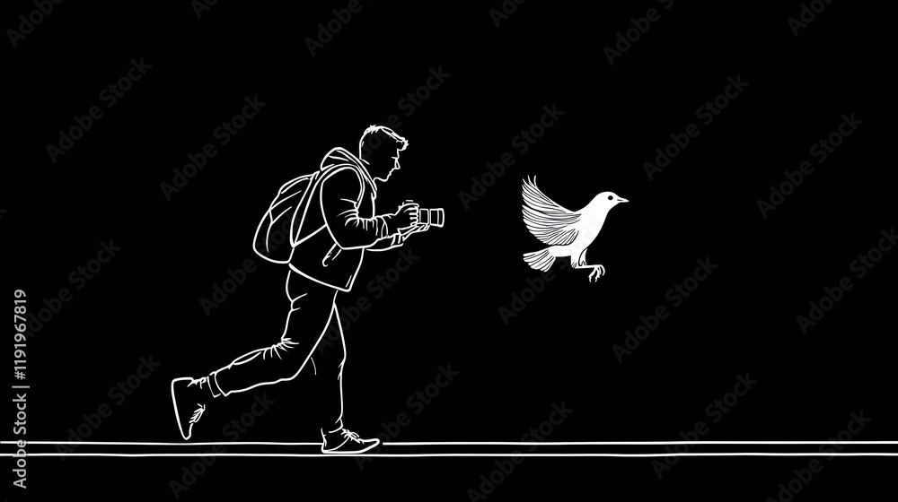 Photographer in Motion Chasing a Bird for a Perfect Shot Captured in a Minimalistic Style on a Black Background Photographer in Motion Chasing a Bird for a Perfect Shot Captured in a Minimalistic Style on a Black Background
