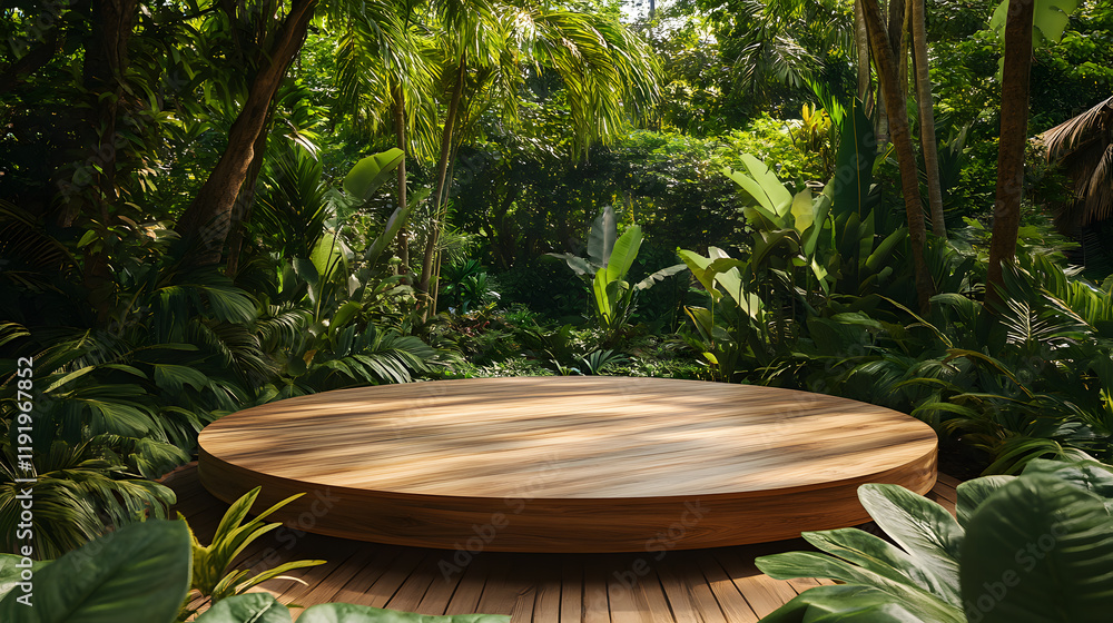 Wooden Display Pedestal in a Lush Tropical Jungle Setting Wooden Display Pedestal in a Lush Tropical Jungle Setting