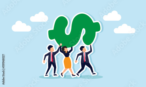 Businesspeople work together lifting a dollar sign, illustration of teamwork in financial asset management to ensure stability and continuous growth