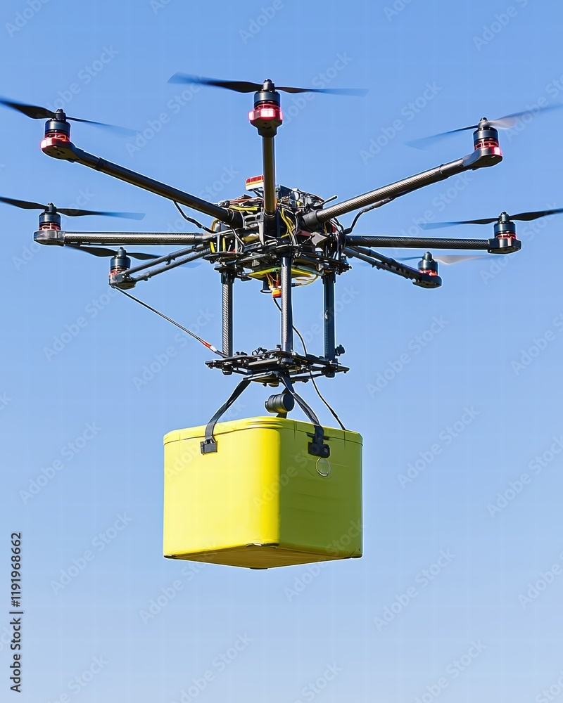 Drone Delivering Package in Clear Blue Sky over Landscape Drone Delivering Package in Clear Blue Sky over Landscape