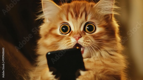 Surprised cat with a fluffy coat, looking shocked and adorable while frantically typing on a phone using tiny paw fingers.